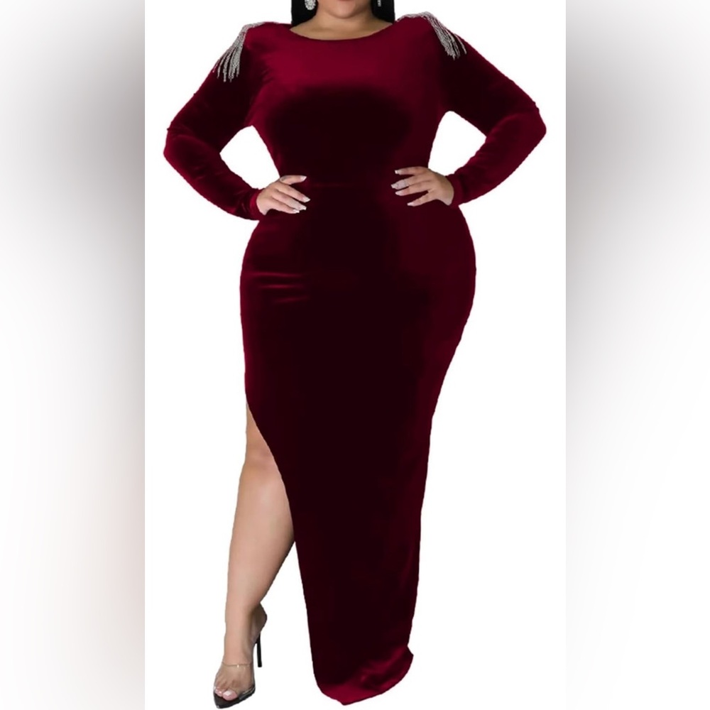 Long Sleeve Velvet Burgundy Red High Slit Dress